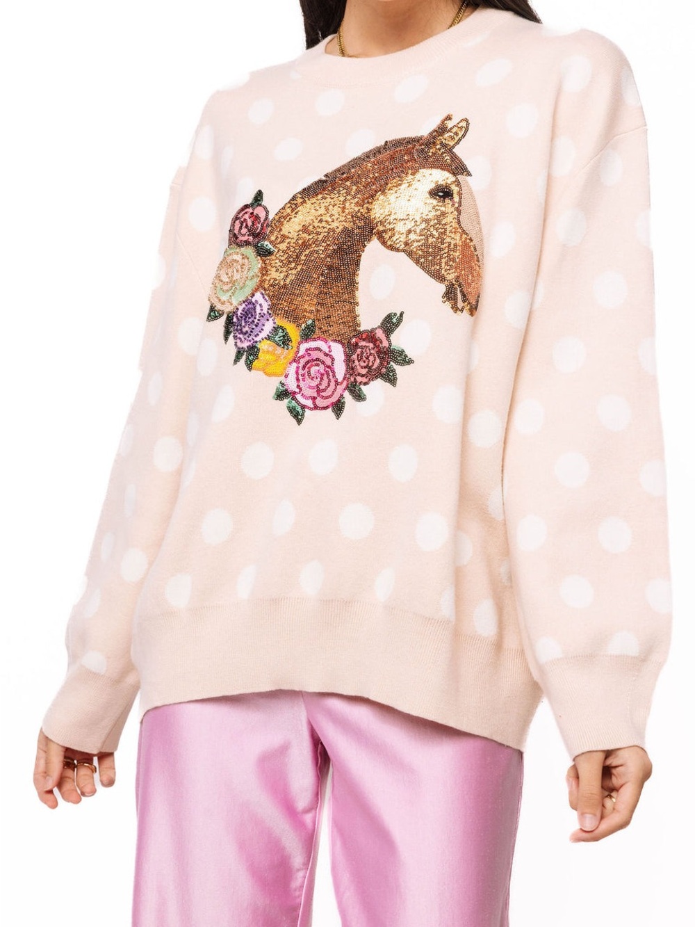 QUEEN OF SPARKLES Tan Polka Dot Horse with Rose Wreath Sweater